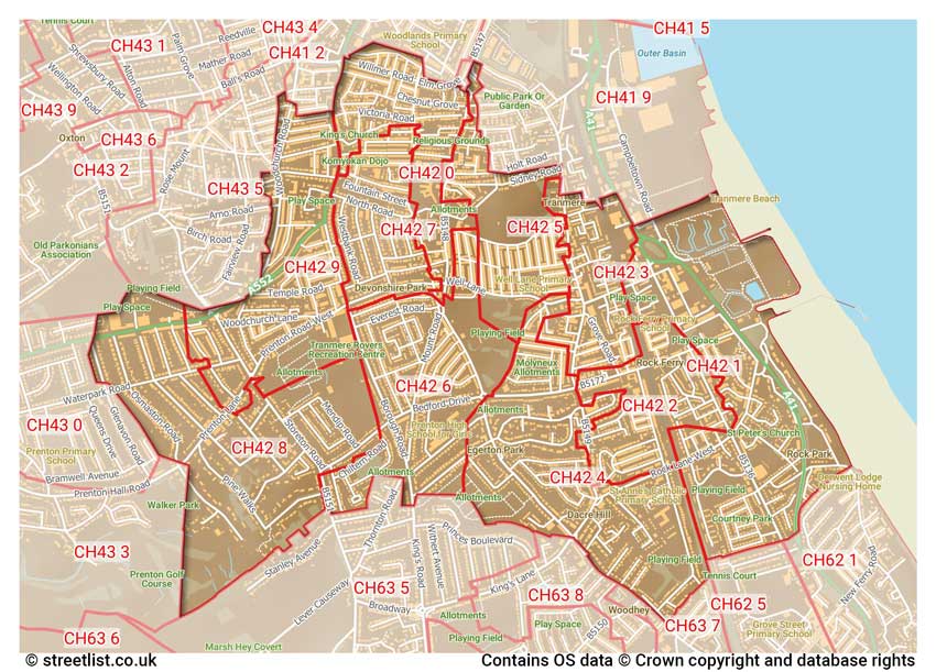 map showing postcode sectors within the CH42 district