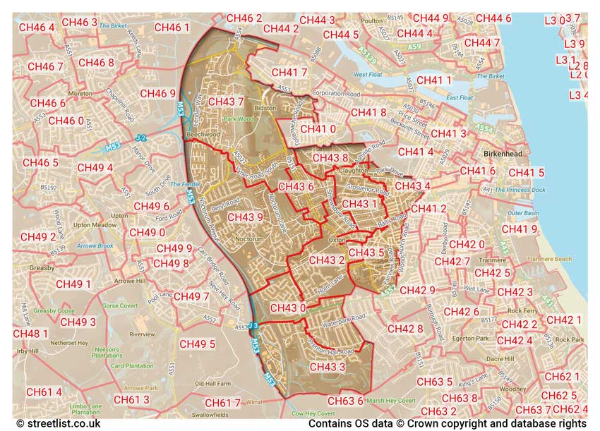 map showing postcode sectors within the CH43 district