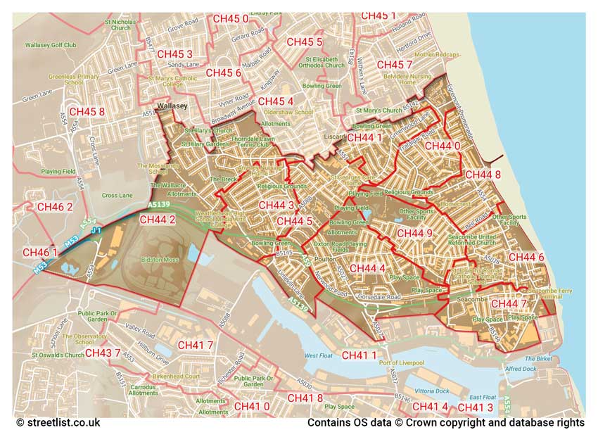 map showing postcode sectors within the CH44 district