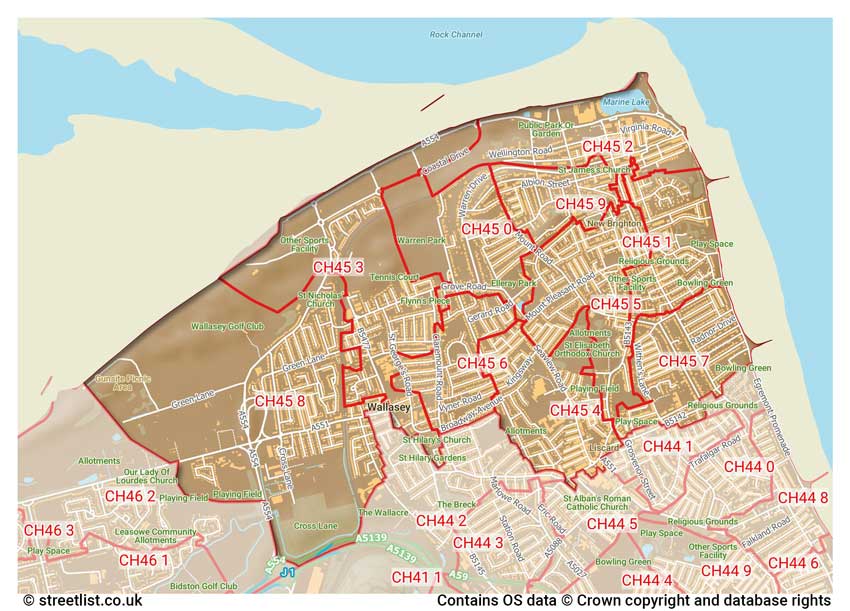 map showing postcode sectors within the CH45 district