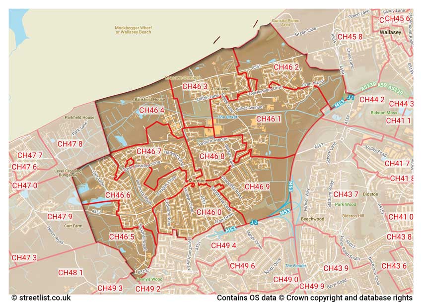 map showing postcode sectors within the CH46 district