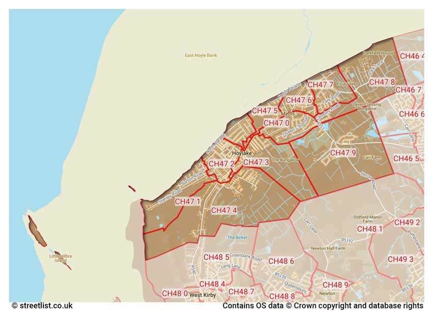 map showing postcode sectors within the CH47 district