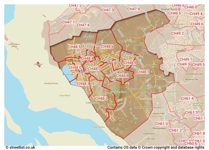 map showing postcode sectors within the CH48 district