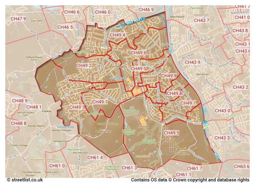 map showing postcode sectors within the CH49 district