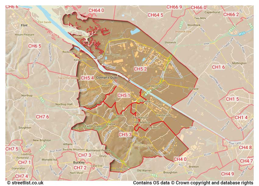 map showing postcode sectors within the CH5 district