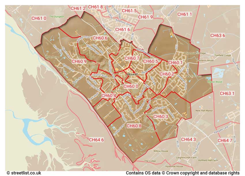 map showing postcode sectors within the CH60 district