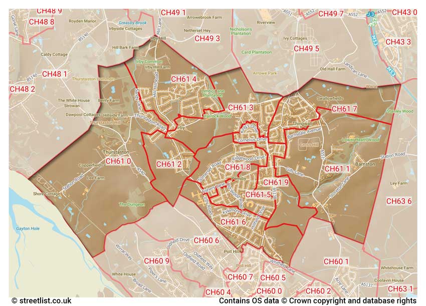 map showing postcode sectors within the CH61 district