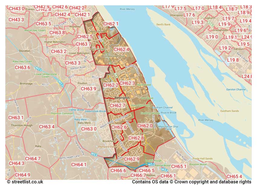 map showing postcode sectors within the CH62 district