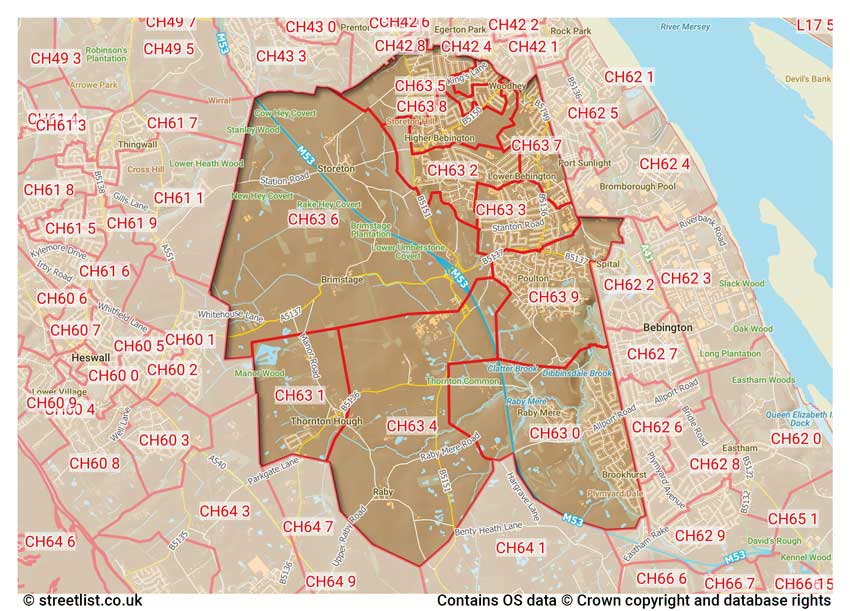 map showing postcode sectors within the CH63 district