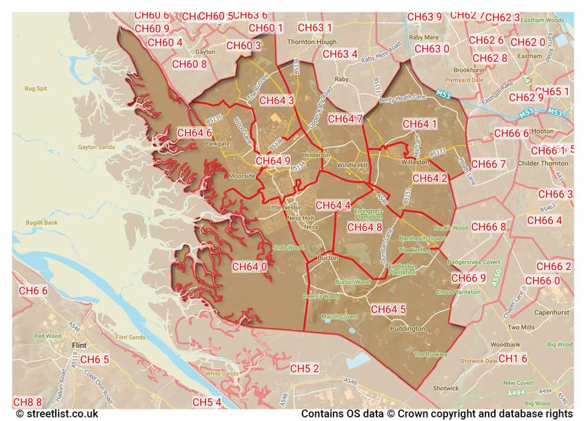 map showing postcode sectors within the CH64 district