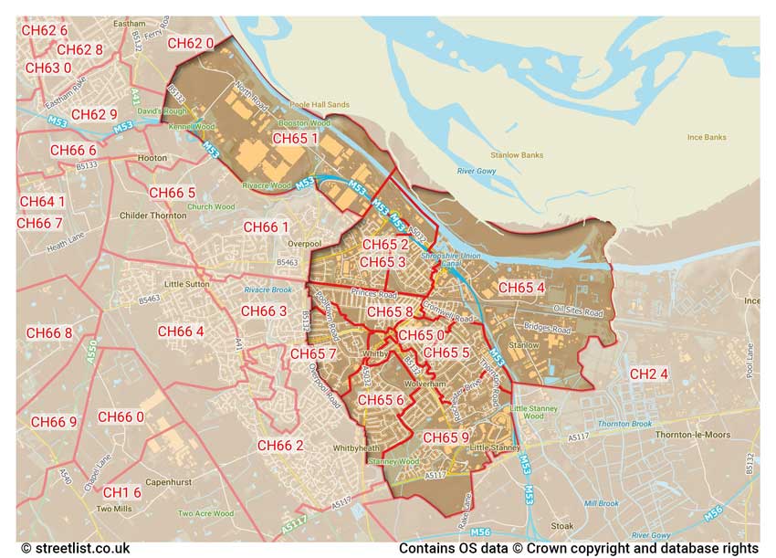 map showing postcode sectors within the CH65 district