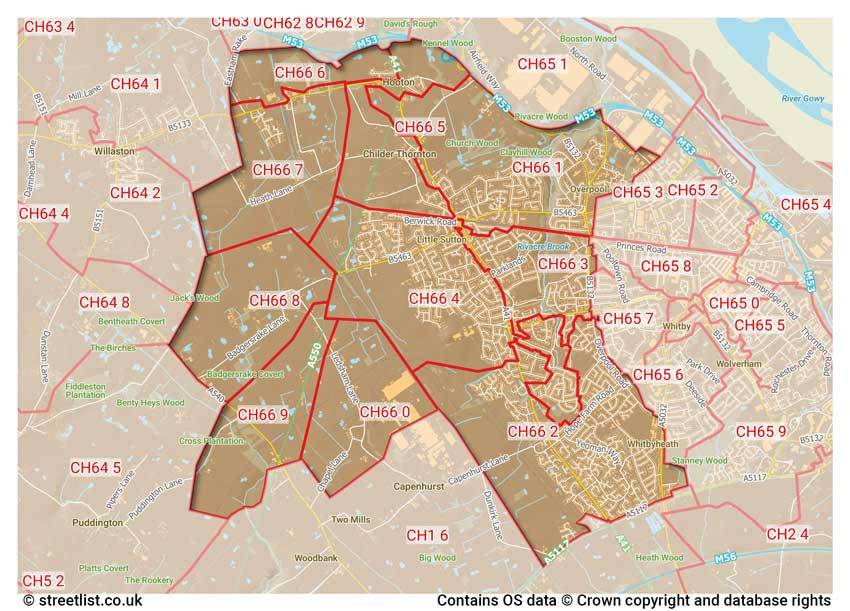 map showing postcode sectors within the CH66 district