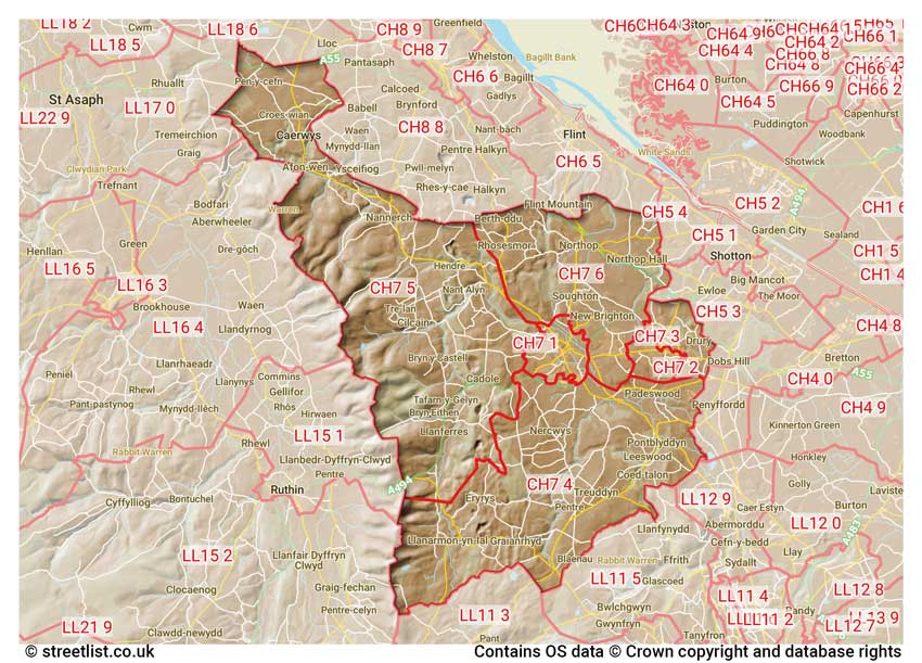 map showing postcode sectors within the CH7 district