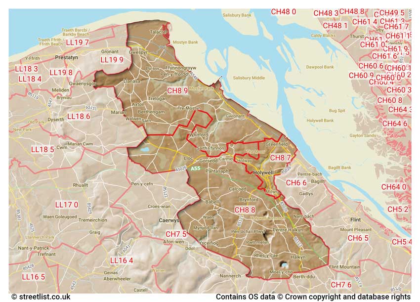 map showing postcode sectors within the CH8 district