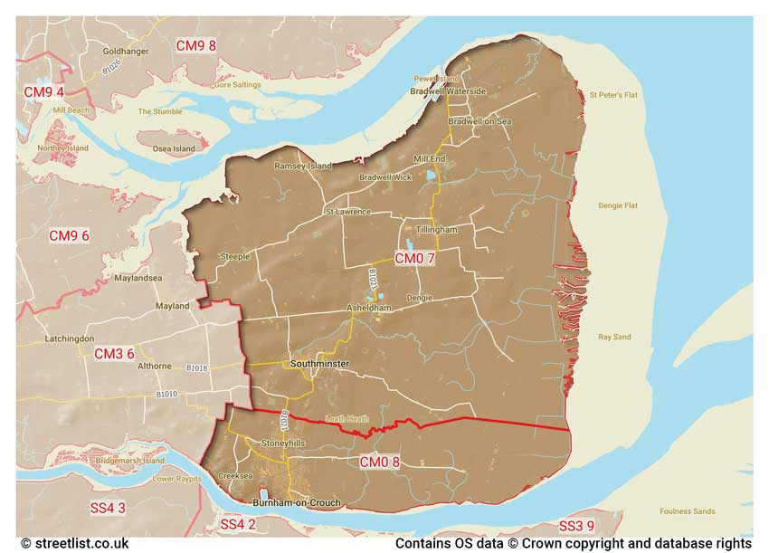 map showing postcode sectors within the CM0 district