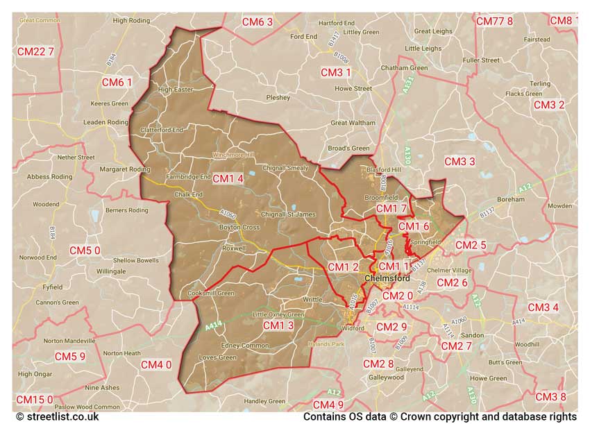 map showing postcode sectors within the CM1 district