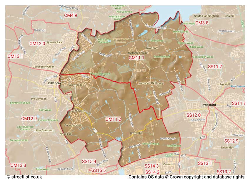 map showing postcode sectors within the CM11 district