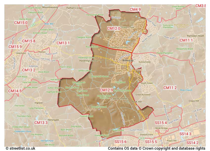 map showing postcode sectors within the CM12 district