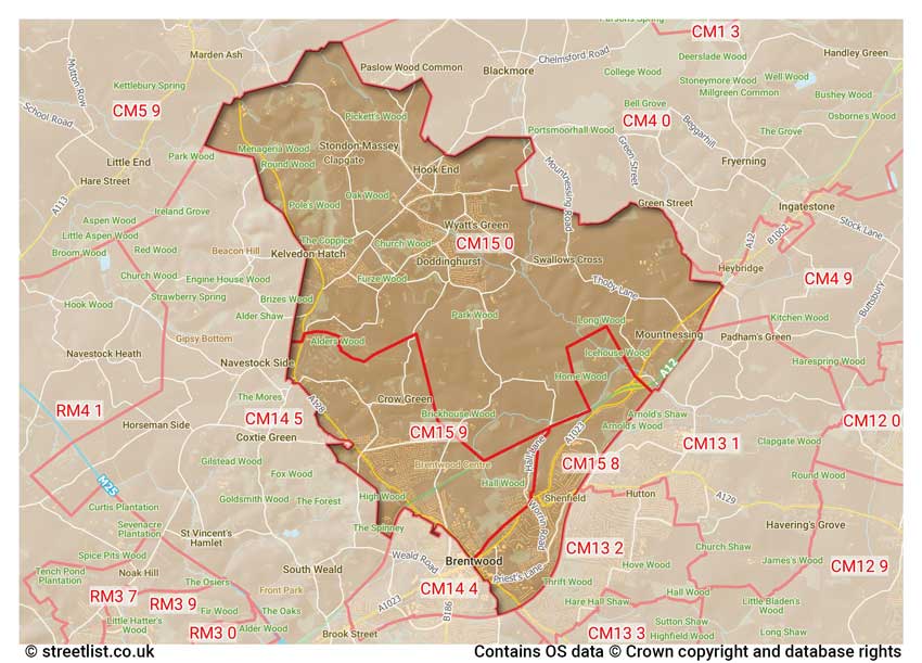 map showing postcode sectors within the CM15 district