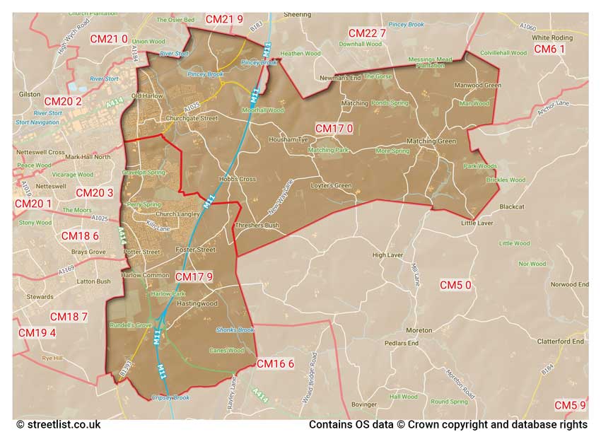 map showing postcode sectors within the CM17 district