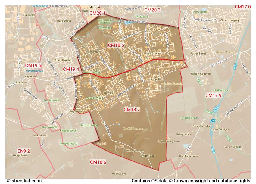 map showing postcode sectors within the CM18 district