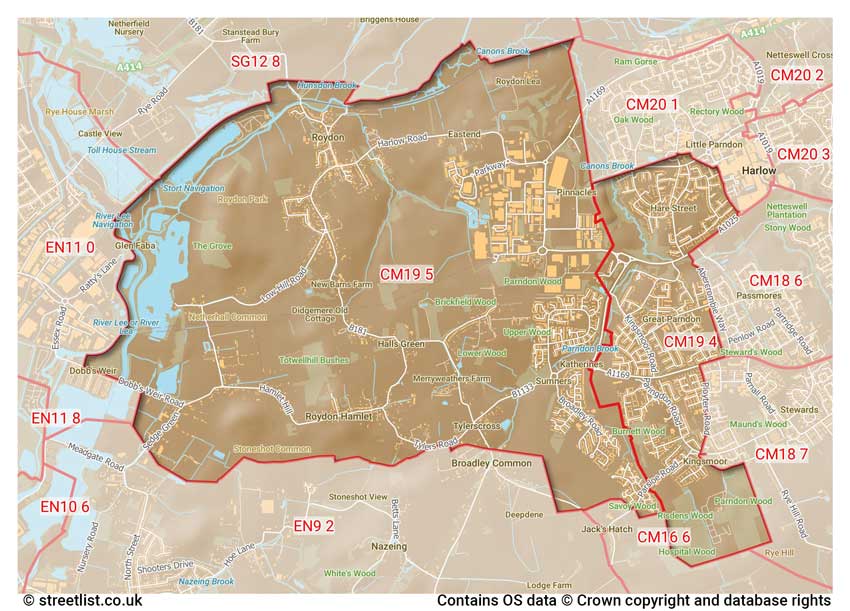 map showing postcode sectors within the CM19 district