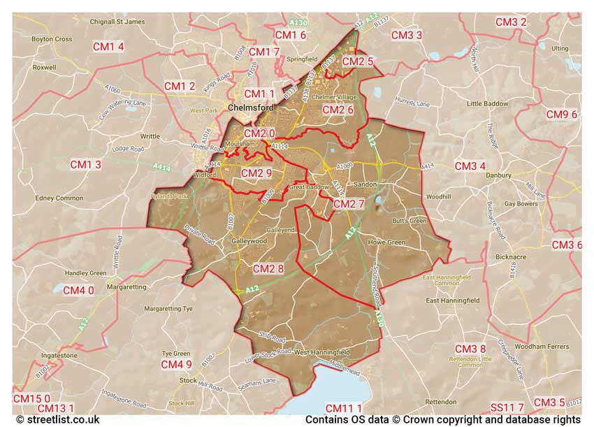 map showing postcode sectors within the CM2 district