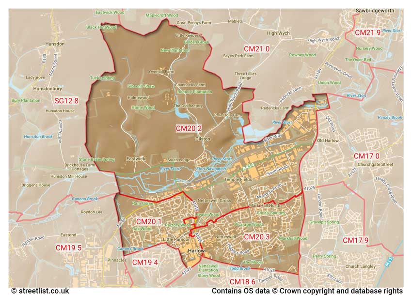 map showing postcode sectors within the CM20 district