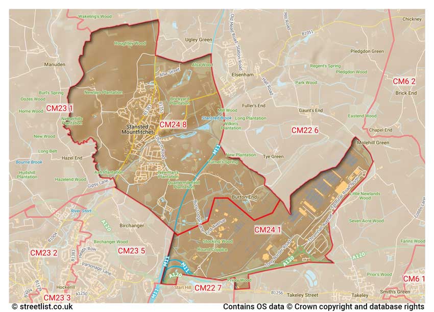 map showing postcode sectors within the CM24 district