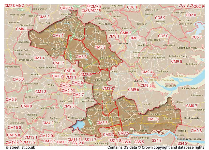 map showing postcode sectors within the CM3 district