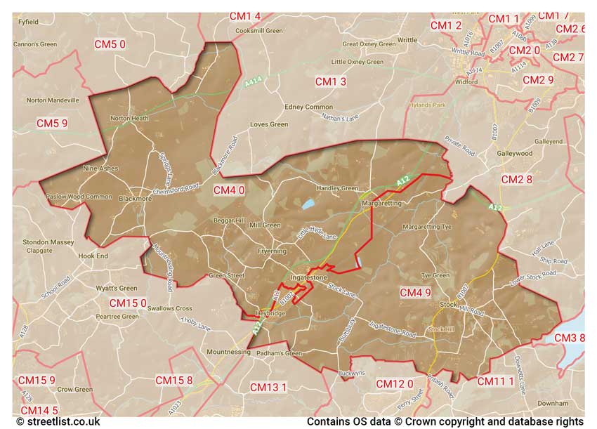 map showing postcode sectors within the CM4 district