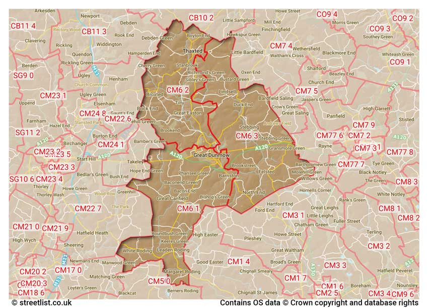 map showing postcode sectors within the CM6 district