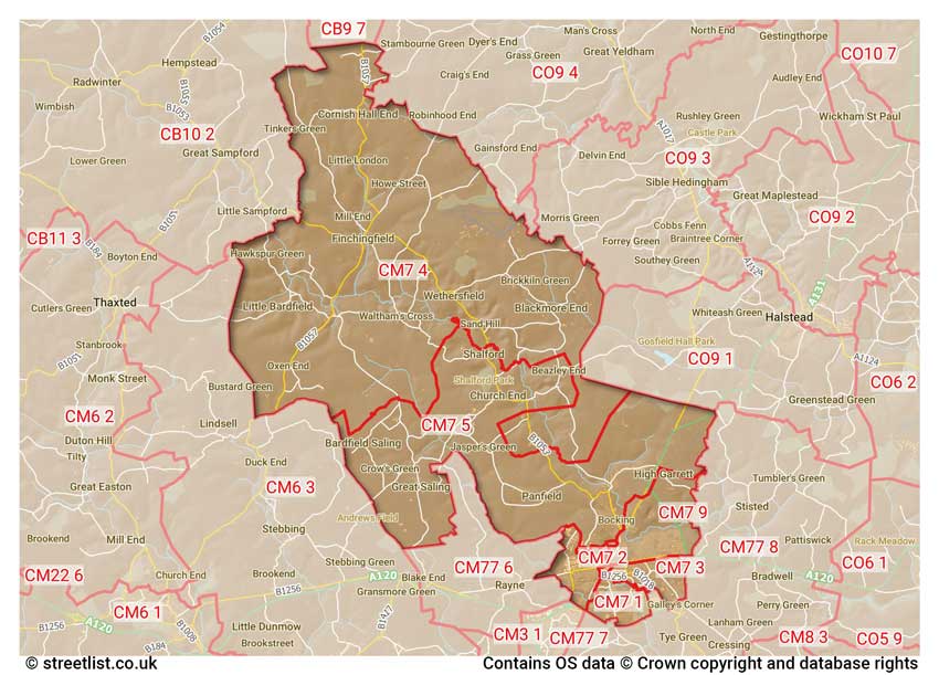 map showing postcode sectors within the CM7 district