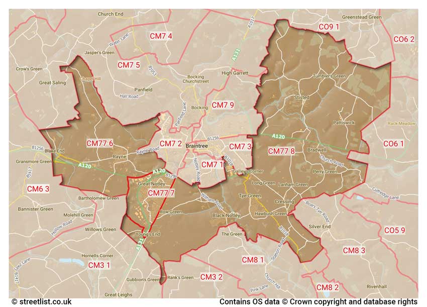 map showing postcode sectors within the CM77 district