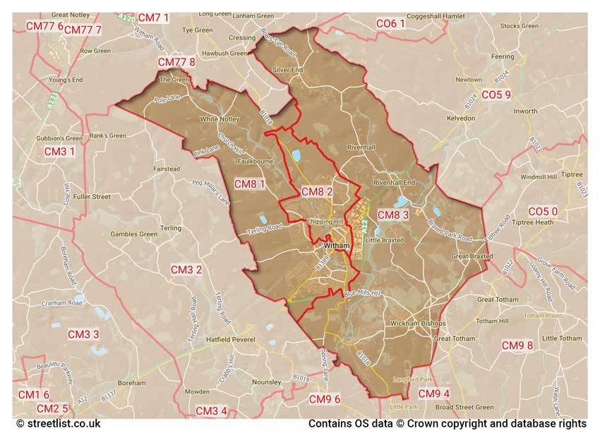 map showing postcode sectors within the CM8 district