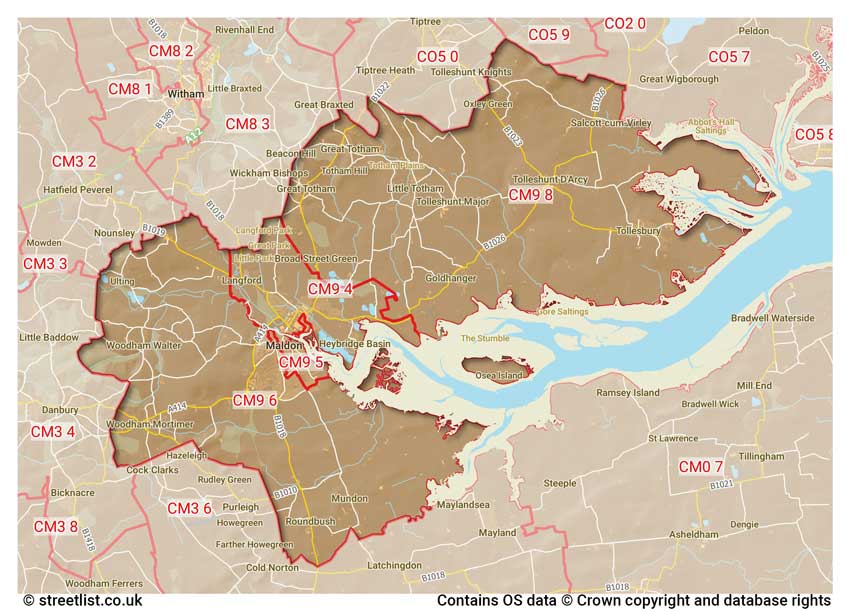 map showing postcode sectors within the CM9 district