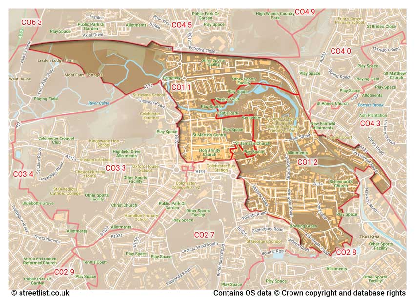 map showing postcode sectors within the CO1 district