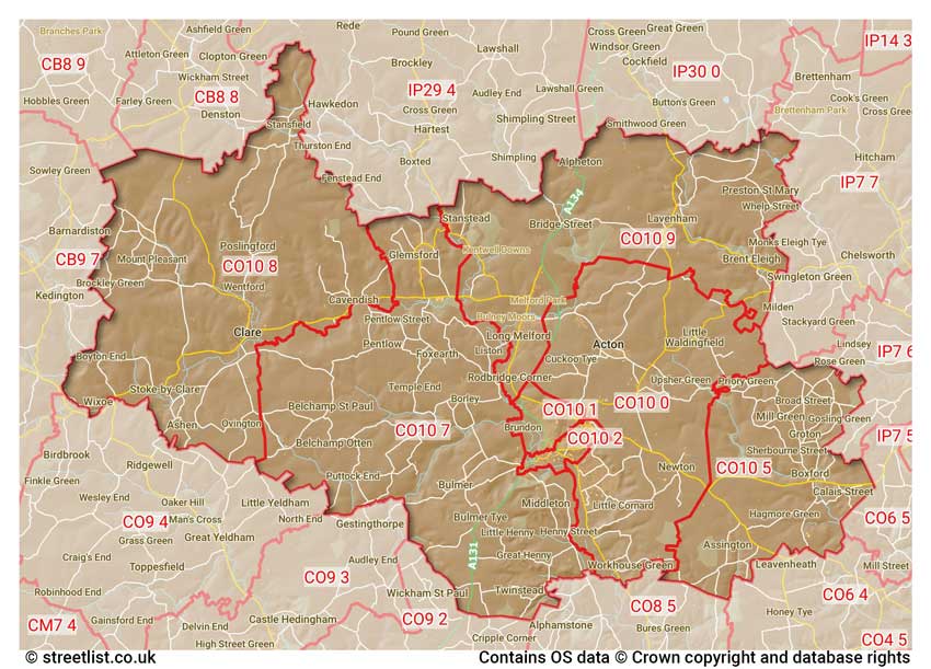 map showing postcode sectors within the CO10 district