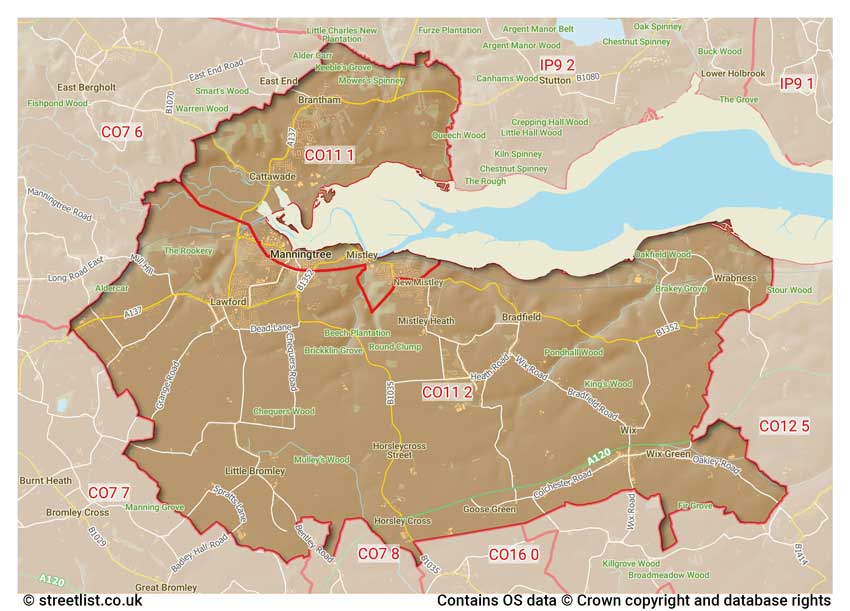 map showing postcode sectors within the CO11 district