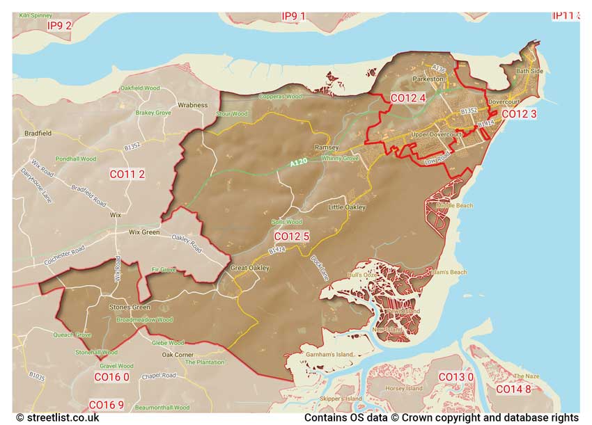 map showing postcode sectors within the CO12 district