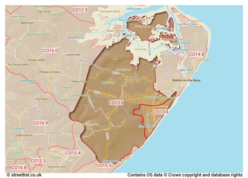 map showing postcode sectors within the CO13 district