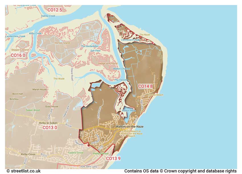 map showing postcode sectors within the CO14 district