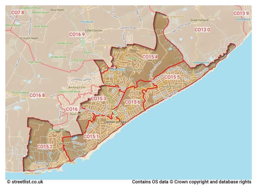 map showing postcode sectors within the CO15 district