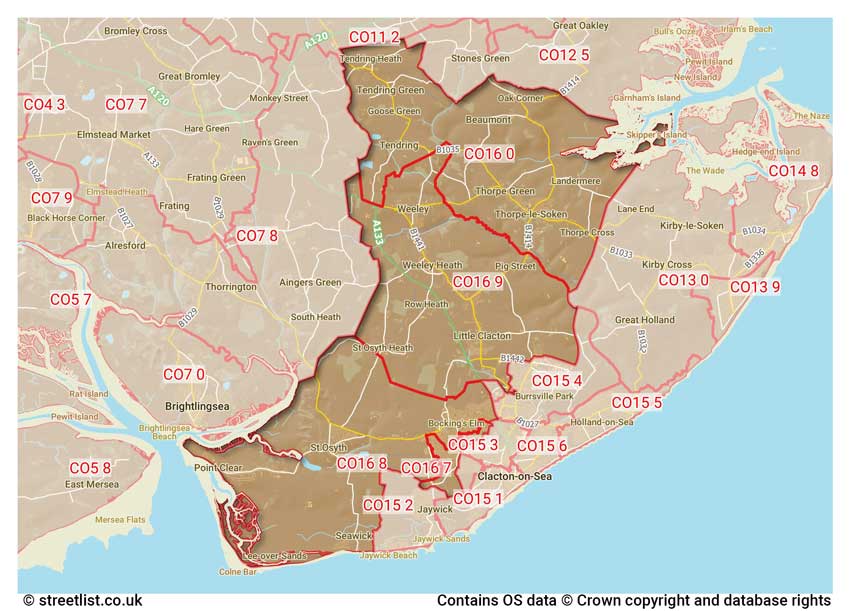 map showing postcode sectors within the CO16 district