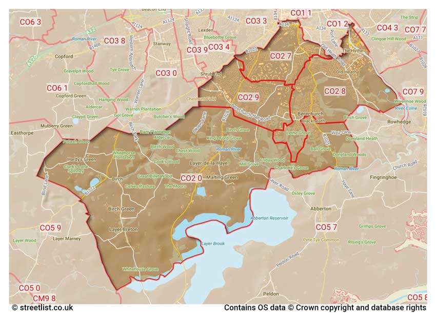 map showing postcode sectors within the CO2 district