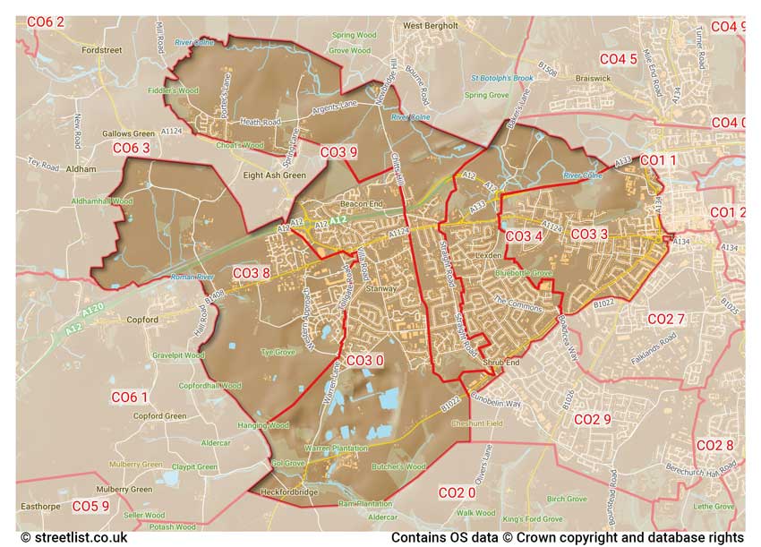 map showing postcode sectors within the CO3 district