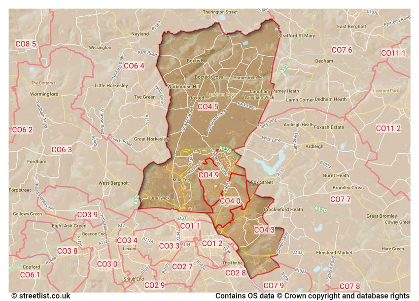 map showing postcode sectors within the CO4 district