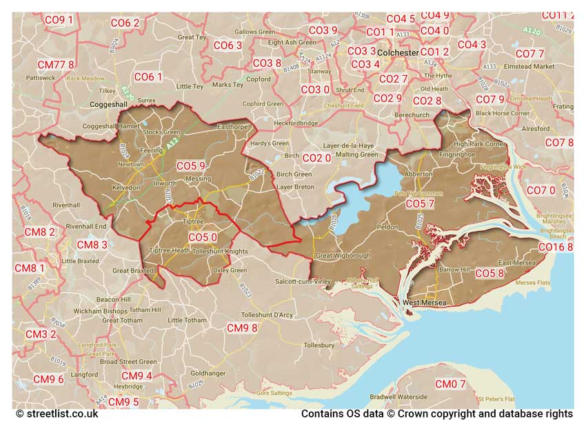 map showing postcode sectors within the CO5 district