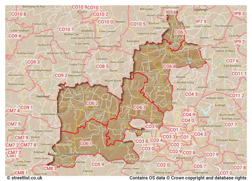 map showing postcode sectors within the CO6 district