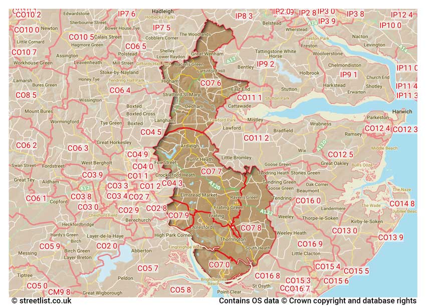 map showing postcode sectors within the CO7 district